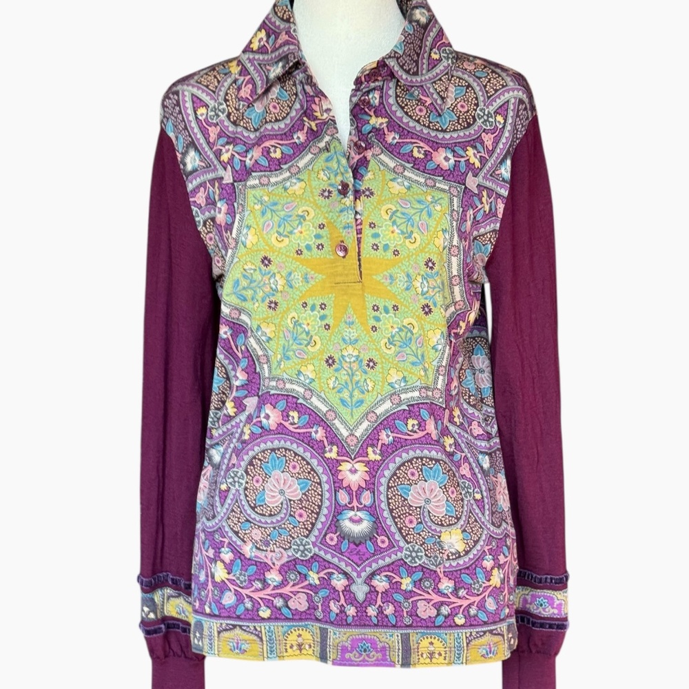 Etro‎ Vintage Look Purple & Green Wool Paisley Floral Top Sz M - Picture 3 of 10